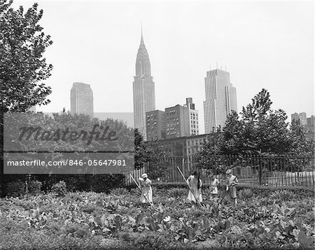 1940ER JAHRE-1943 KINDER ARBEITEN IM VICTORY GARDENS IN ST. GABRIEL PARK NEW YORK CITY CHRYSLER BUILDING SICHTBAR IM HINTERGRUND