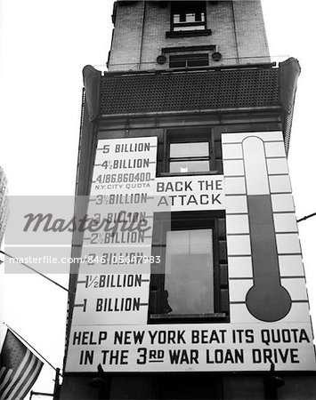 1940s - 1943 NEW YORK CITY TIMES SQUARE THERMOMETER SIGN SHOWING RESULTS OF WAR LOAN DRIVE