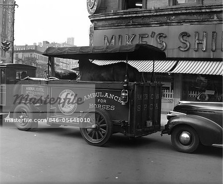 1940s ASPCA AMBULANCE CARRIES AN AILING HORSE CORNER OF BROADWAY AND 66TH STREET NEW YORK CITY