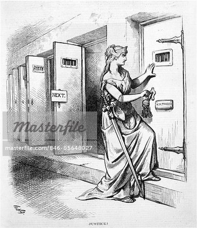 1800s - 1873 THOMAS NAST CARTOON OF JUSTICE LOCKING JAIL CELL OF W.M. TWEED NEW YORK POLITICIAN