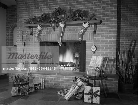 1960s - 1970s STOCKINGS HUNG BY FIREPLACE AND WRAPPED CHRISTMAS PRESENTS