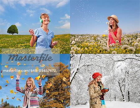 Four seasons of woman playing outdoors Four seasons of woman playing outdoors