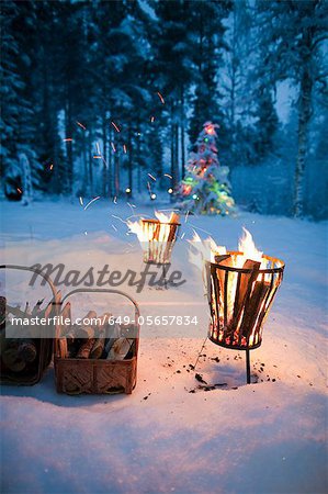 Fires in pits in snowy field