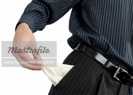 businessman showing his empty pocket, turning his pocket inside out, no money