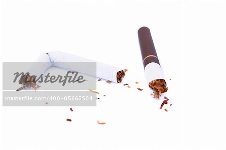 Broken cigarette isolated on white background.