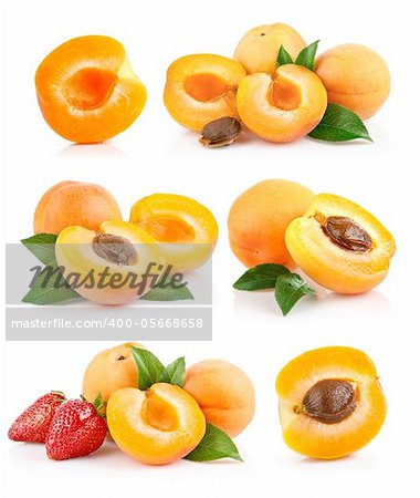 set apricot fruits with green leaf and cut isolated on white background