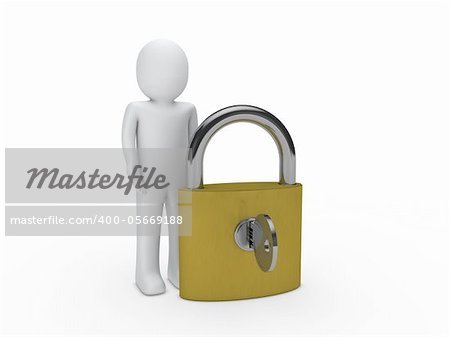 3d man padlock key security lock human