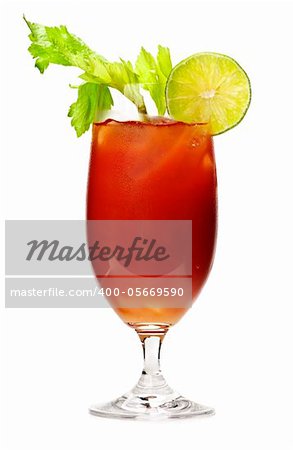 Bloody mary in glass isolated on white background with celery stalk