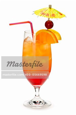 Tropical cocktail in glass isolated on white background with umbrella