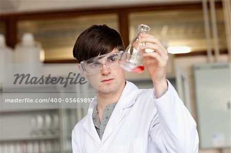 Scientist looking at a liquid in an Erlenmeyer flask in a laboratory