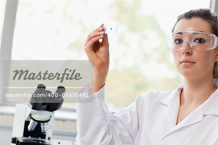 Beautiful science student holding a microscope slide in a laboratory