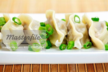 Plate of cooked chinese dumplings in a row