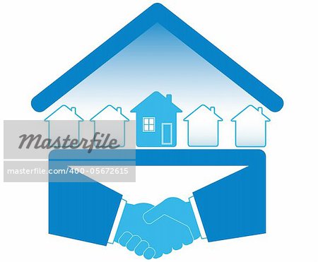 blue sign with handshake and many houses