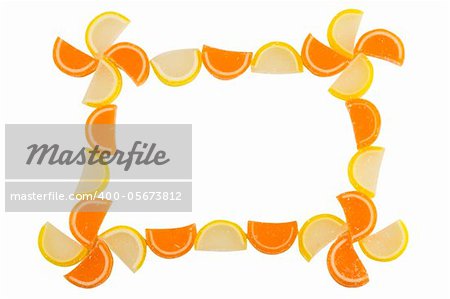 Frame of Fruit Candy isolated on white background, top view