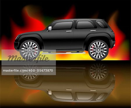 Black sports utility vehicle with flame background
