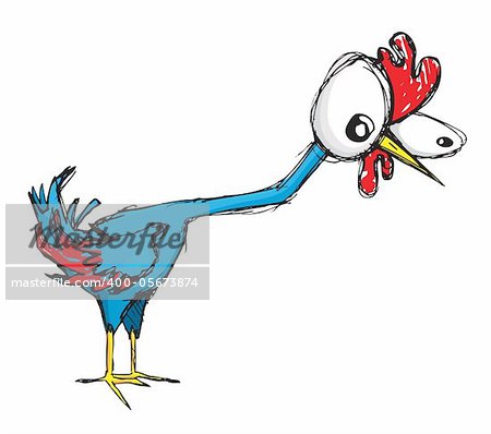 Clueless red and blue cartoon chicken with big eyes