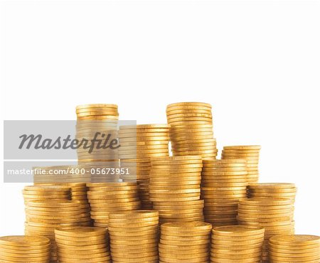 Ukrainian golden coins in column isolated on white background