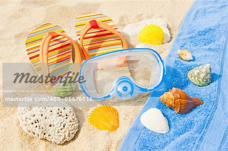 Seashells and diving mask on the beach