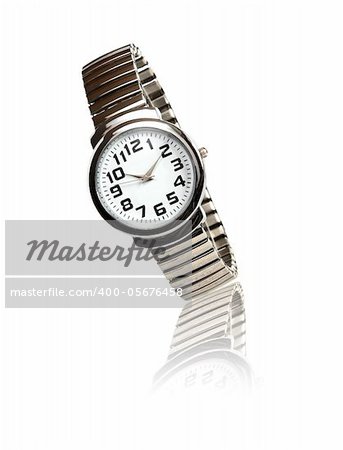 Modern wristwatch with steel bracelet on white background