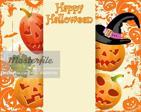 Grunge halloween frame with bats, ghost & pumpkin, vector illustration