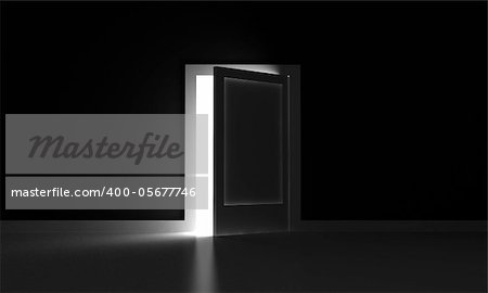 Open door in a dark room with light outside