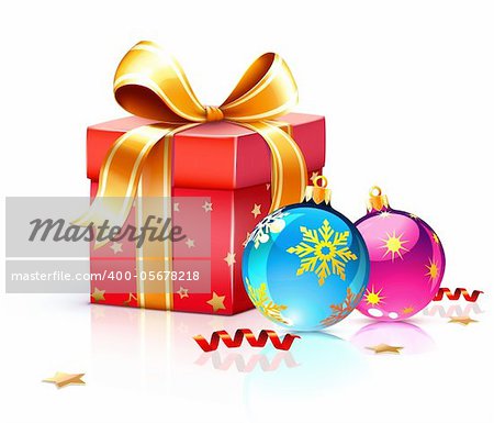 Vector illustration of funky gift box and cool Christmas decorations