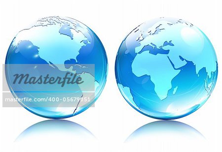 Illustration vectorielle de différents angles de bleus brillant Terre carte Globes