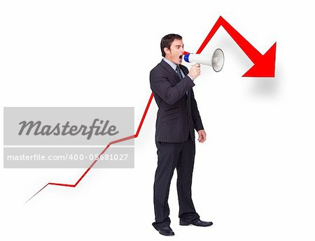 Unsuccessful young businessman using a megaphone with a curve going down