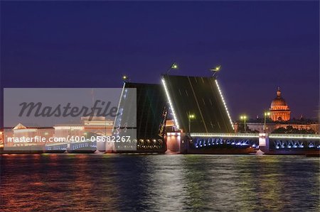 Saint Petersburg, Russia, night view of Drawbridge Dvortsoviy.