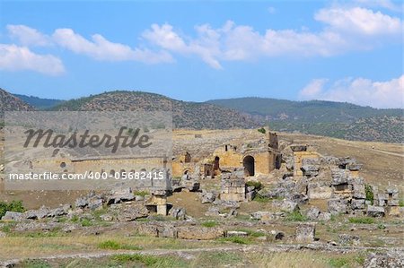 Pamukkale. Turkey. Hierapolis Amphitheatre. against blue sky