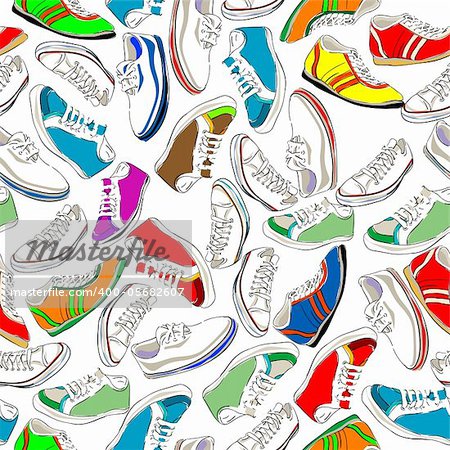 Seamless pattern with sport shoes, snikers on white background