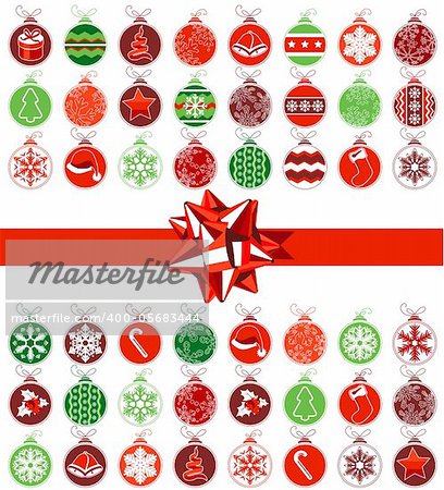 Template with various Christmas balls and red bow