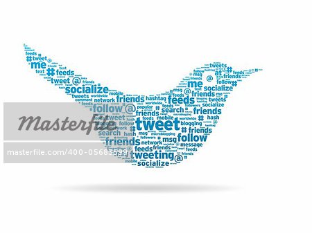 Word illustration of a social media tweeting bird.