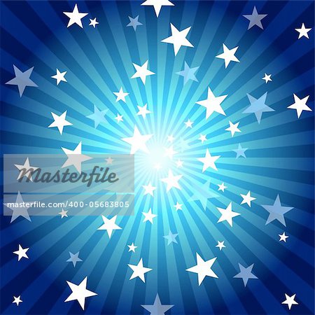 Sun Rays and Stars - Blue Abstract Background Illustration, Vector