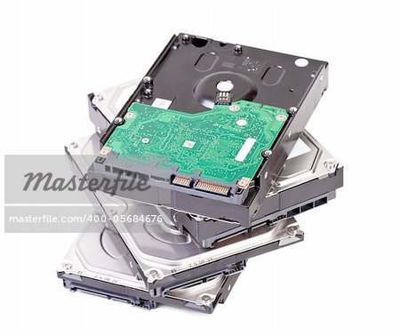 Close up of hard disk drive isolated on white background