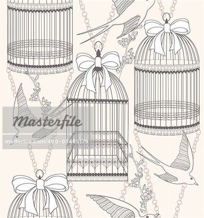 Seamless pattern with birdcages, flowers and birds. Floral and swallow background.