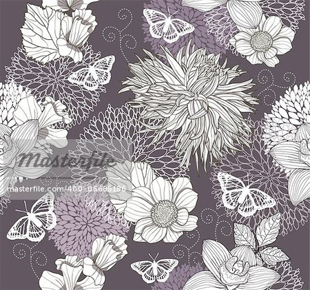 Seamless pattern with flowers and butterfly. Floral background.