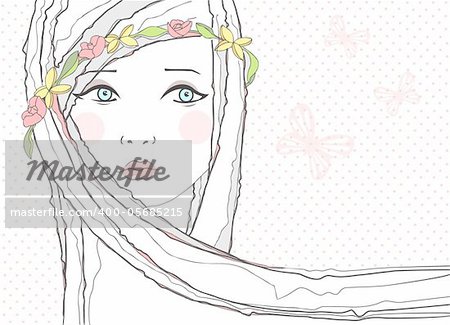 Cute greeting, birthday card or invitation with young teen girl and flowers in her hair.