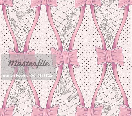 Seamless pattern with flowers, birds and bows. Polka dot background. Elegant floral fashion pattern.