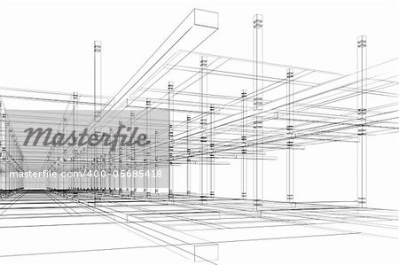 Abstract modern office architecture design in 3D wire-frame