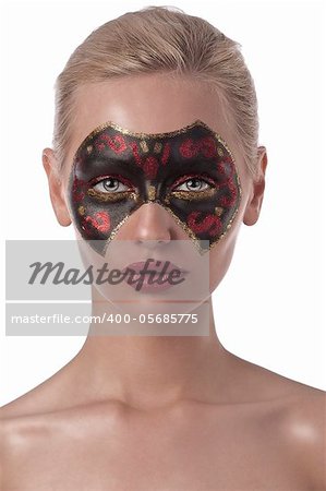 beauty portrait of pretty blond girl with a creative make up like a carnival mask black and red