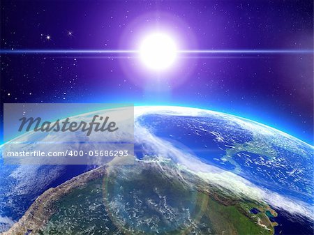 High quality 3d render. Rising sun and the earth in space