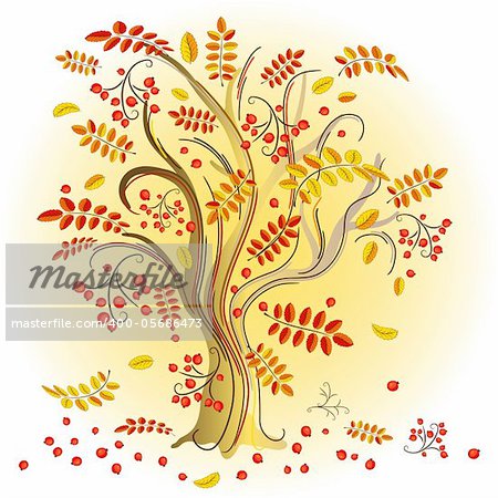 Abstract autumn tree with colorful leaves and red  berries (vector)