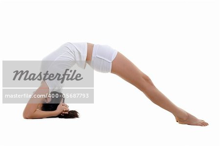 Woman in yoga, Inverted Staff Posture (Dvi Pada Viparita Dandasana), on white background