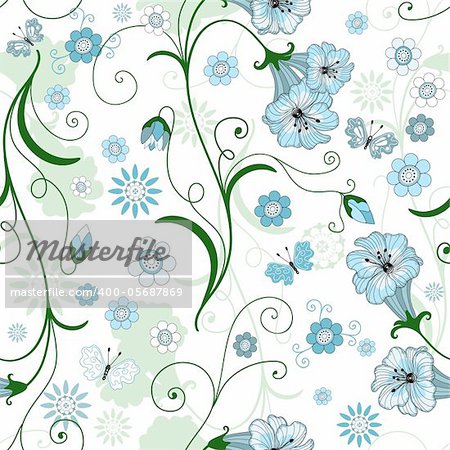 White seamless floral pattern with blue flowers and butterflies (vector)