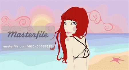 Pretty woman on the beach. Vector illustration