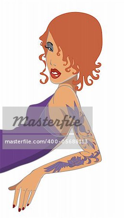 Red-haired girl with tatto. Vector illustration