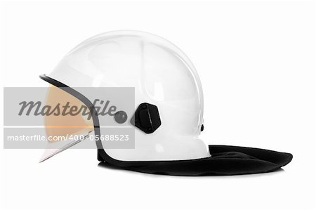 A picture of a white fire fighter helmet over white background