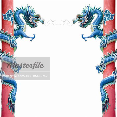 Blue Chinese Dragon Wrapped around red pole on White background