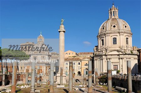 Trajan's Forum (Forum Traiani) with Trajan's Column and Santa Maria di Loreto church on background. Trajan's Forum is an ancient structure in Rome, Italy